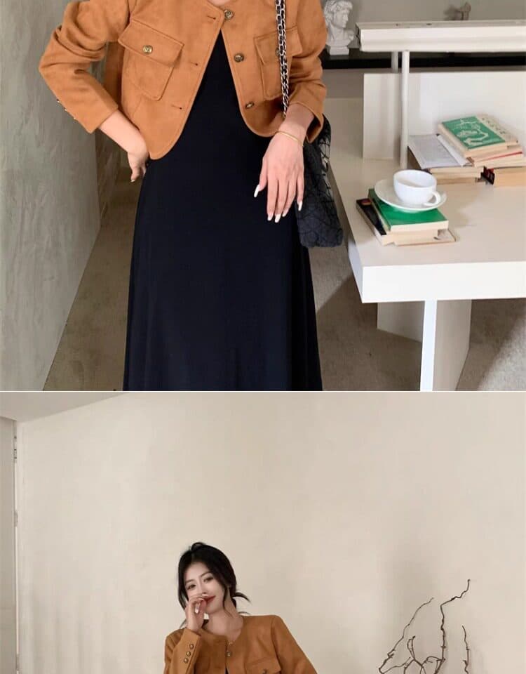 빅 사이즈 패션 세트 여성 가을 작은 샤넬 스타일 긴팔 재킷 지방 mm 검정색 슬립 드레스 슬림해 보이는 투피스 세트 상세 이미지 10