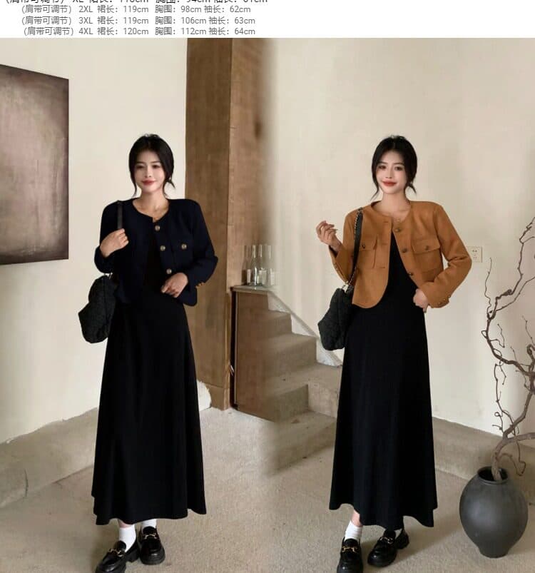 빅 사이즈 패션 세트 여성 가을 작은 샤넬 스타일 긴팔 재킷 지방 mm 검정색 슬립 드레스 슬림해 보이는 투피스 세트 상세 이미지 18
