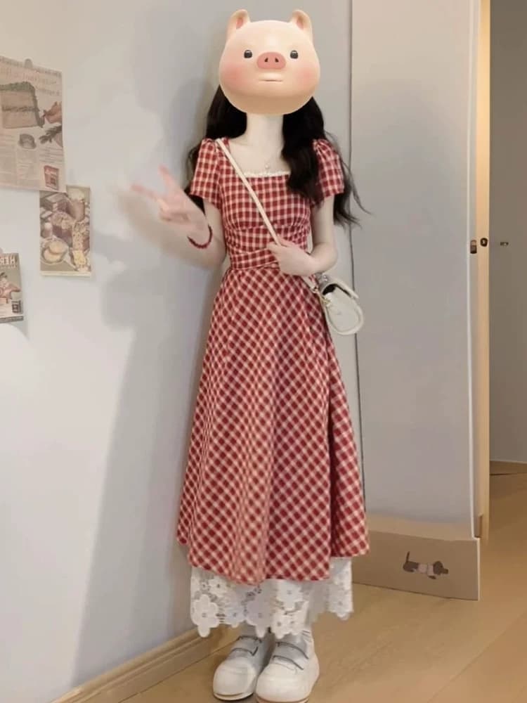 빅 사이즈 프랑스식 빨간색 체크무늬 여성 드레스 여름 지방 mm 표지 배 슬림해 보이는 레이스 조각 달콤함 한 마디 치마
