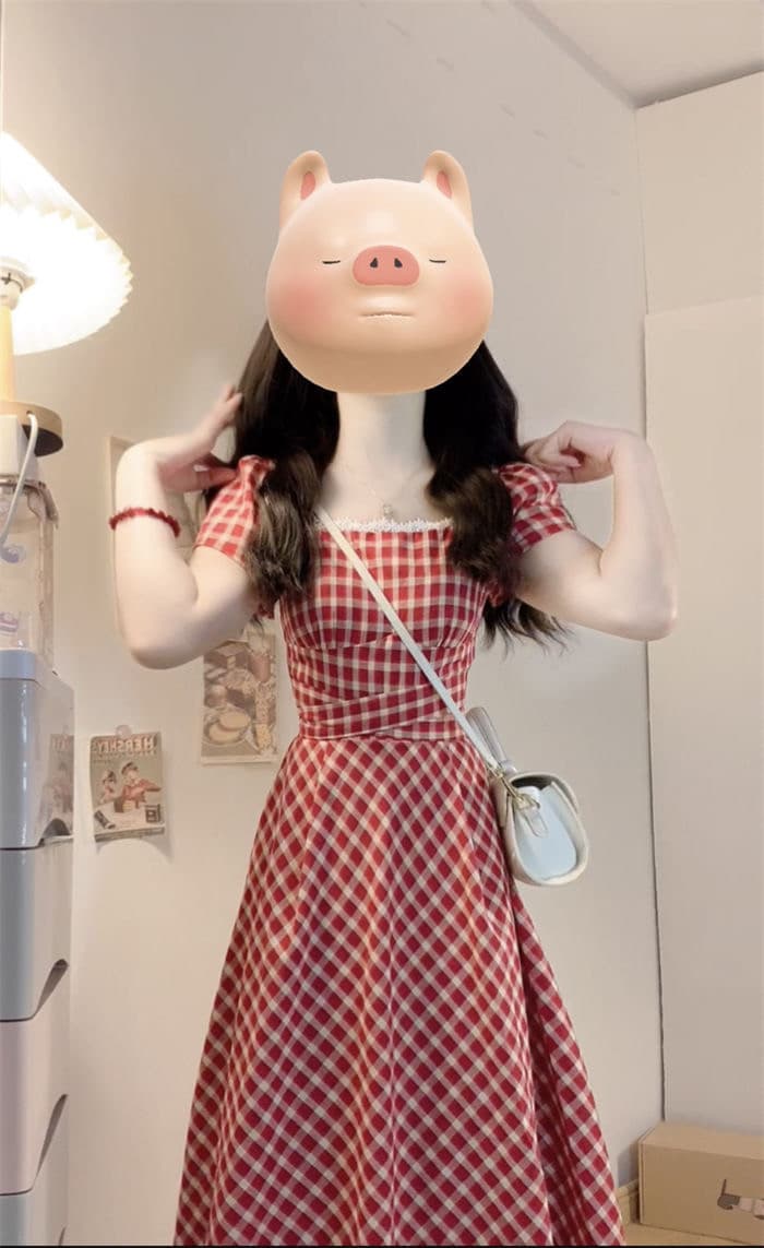 빅 사이즈 프랑스식 빨간색 체크무늬 여성 드레스 여름 지방 mm 표지 배 슬림해 보이는 레이스 조각 달콤함 한 마디 치마 상세 이미지 2
