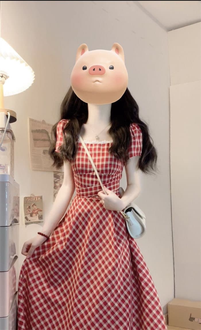 빅 사이즈 프랑스식 빨간색 체크무늬 여성 드레스 여름 지방 mm 표지 배 슬림해 보이는 레이스 조각 달콤함 한 마디 치마 상세 이미지 4