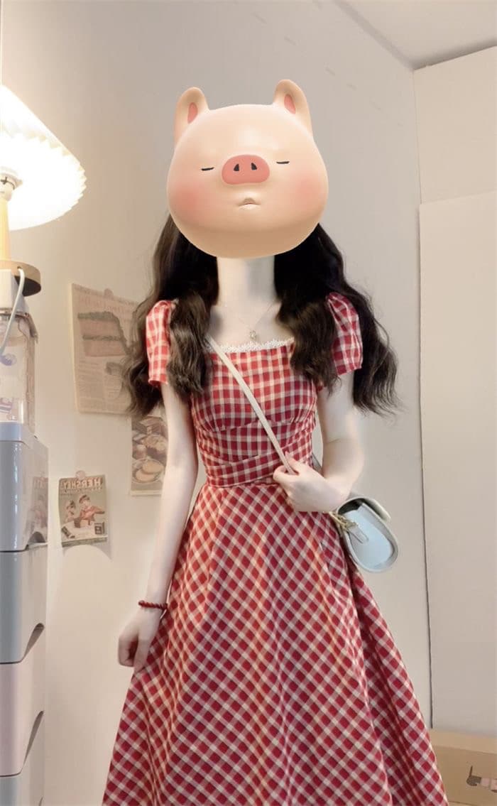 빅 사이즈 프랑스식 빨간색 체크무늬 여성 드레스 여름 지방 mm 표지 배 슬림해 보이는 레이스 조각 달콤함 한 마디 치마 상세 이미지 5
