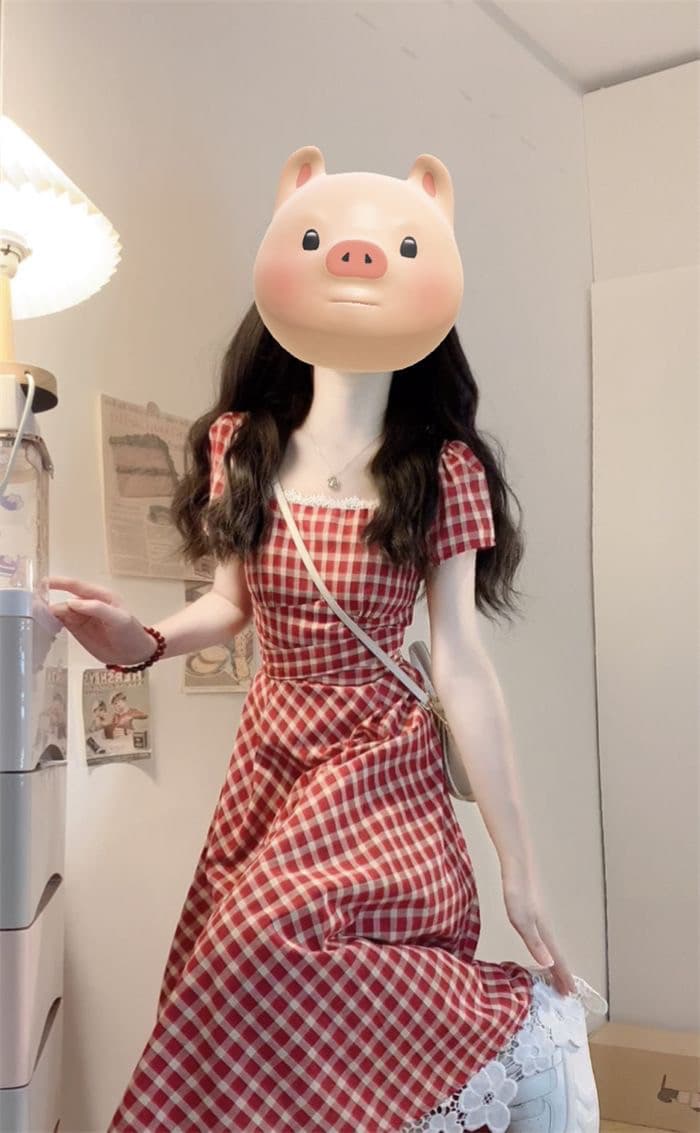 빅 사이즈 프랑스식 빨간색 체크무늬 여성 드레스 여름 지방 mm 표지 배 슬림해 보이는 레이스 조각 달콤함 한 마디 치마 상세 이미지 6