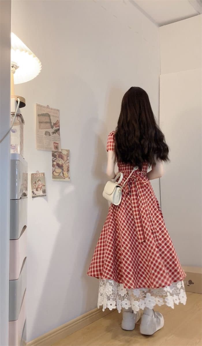빅 사이즈 프랑스식 빨간색 체크무늬 여성 드레스 여름 지방 mm 표지 배 슬림해 보이는 레이스 조각 달콤함 한 마디 치마 상세 이미지 12