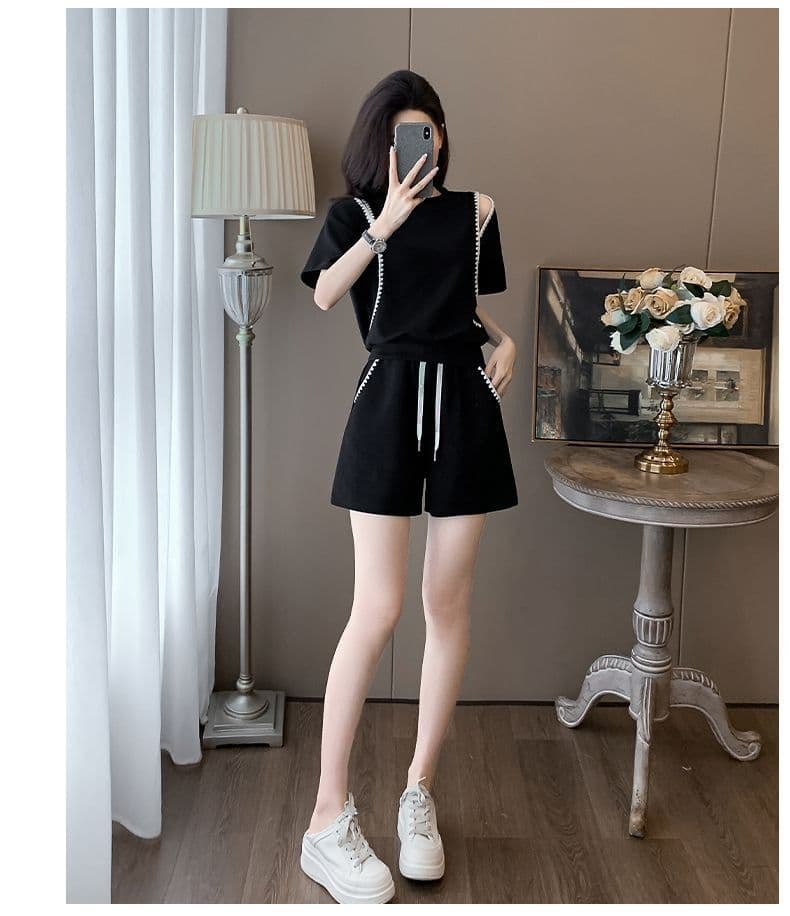 직공 울 여름 새로운 캐주얼 품격 스포츠 슈트 여성 레이스 칼라 오프숄더 반바지 반팔 투피스 세트 상세 이미지 9