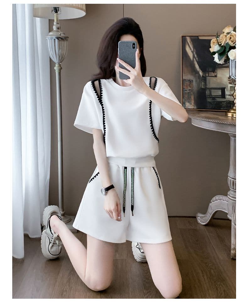 직공 울 여름 새로운 캐주얼 품격 스포츠 슈트 여성 레이스 칼라 오프숄더 반바지 반팔 투피스 세트 상세 이미지 12