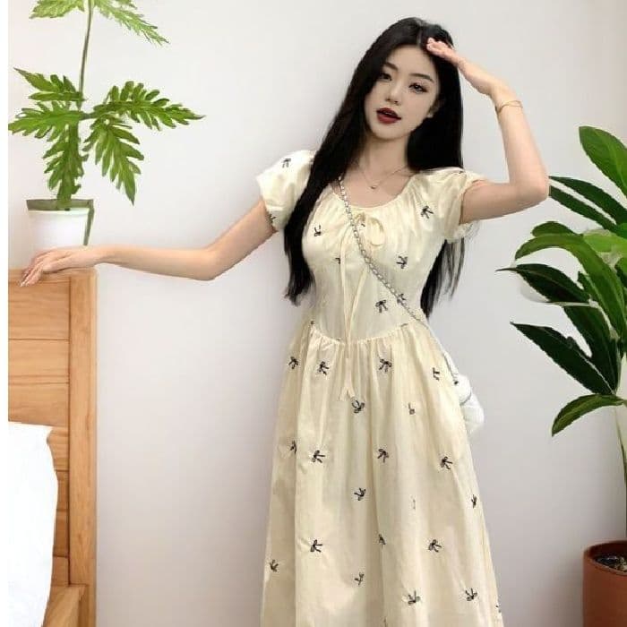 꽃무늬 드레스 여름 새로운 프린트 거품 소매 나비 매듭 품격 허리 수축 여성 치마 이미지 3