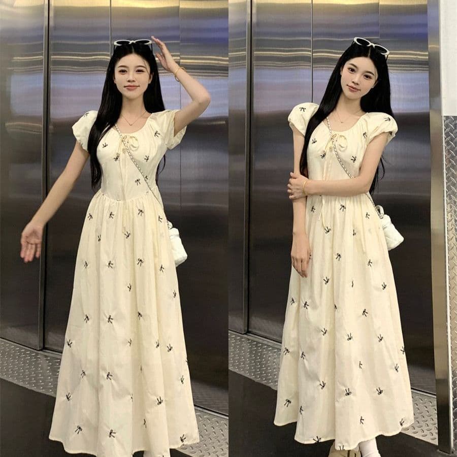 꽃무늬 드레스 여름 새로운 프린트 거품 소매 나비 매듭 품격 허리 수축 여성 치마 이미지 5