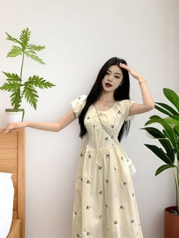 꽃무늬 드레스 여름 새로운 프린트 거품 소매 나비 매듭 품격 허리 수축 여성 치마 상세 이미지 1