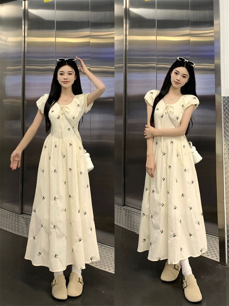 꽃무늬 드레스 여름 새로운 프린트 거품 소매 나비 매듭 품격 허리 수축 여성 치마 상세 이미지 2