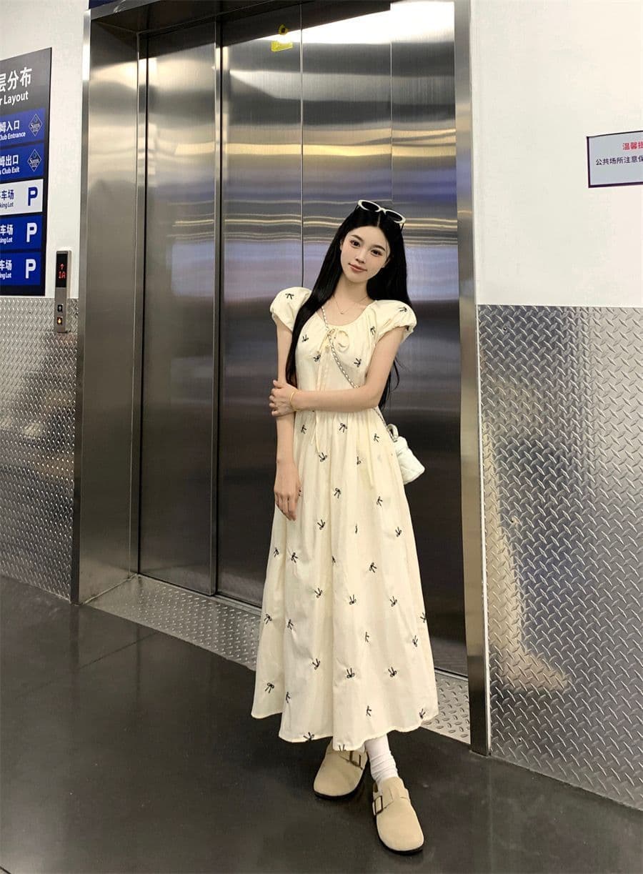 꽃무늬 드레스 여름 새로운 프린트 거품 소매 나비 매듭 품격 허리 수축 여성 치마 상세 이미지 6