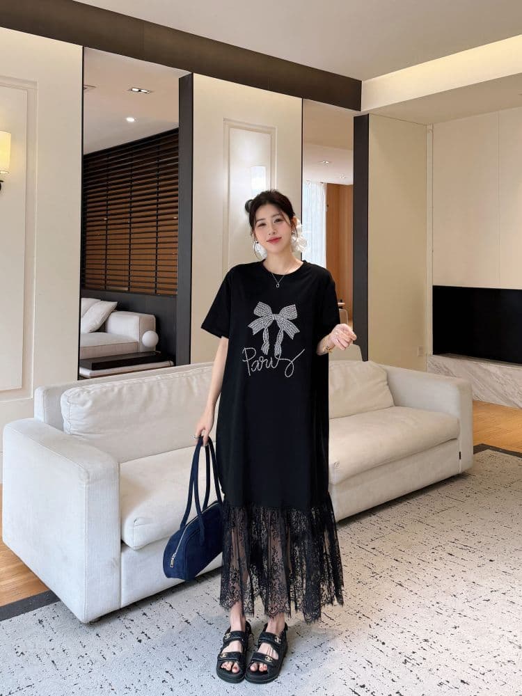고급 지방 mm 빅 사이즈 점프 슈트 치마 루즈핏 여름 드레스 롱 코트 무릎 아래 레이스 레이스 티셔츠 치마 상세 이미지 6