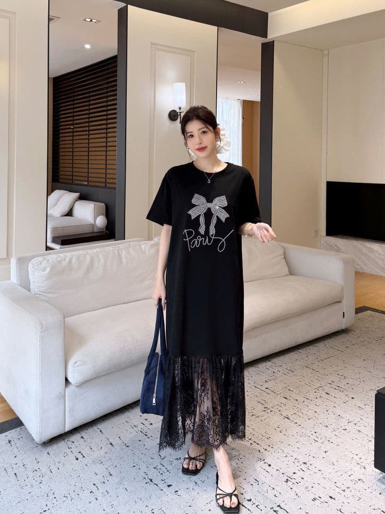 고급 지방 mm 빅 사이즈 점프 슈트 치마 루즈핏 여름 드레스 롱 코트 무릎 아래 레이스 레이스 티셔츠 치마 상세 이미지 7