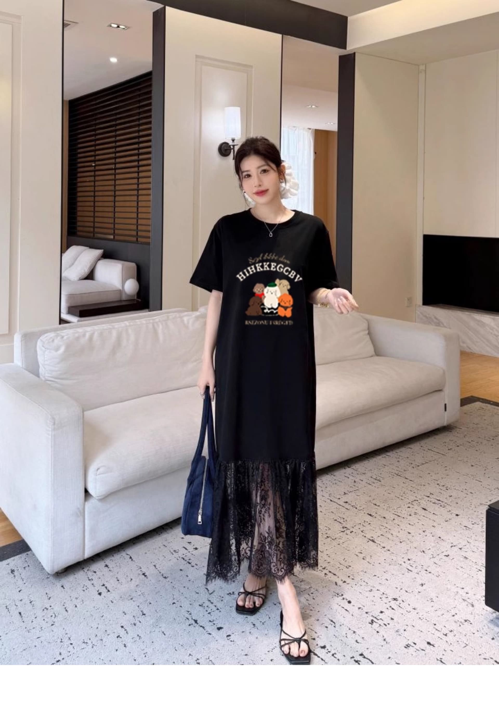 고급 지방 mm 빅 사이즈 점프 슈트 치마 꽃무늬 레이스 루즈핏 여름 드레스 롱 코트 무릎 아래 티셔츠 치마 상세 이미지 3