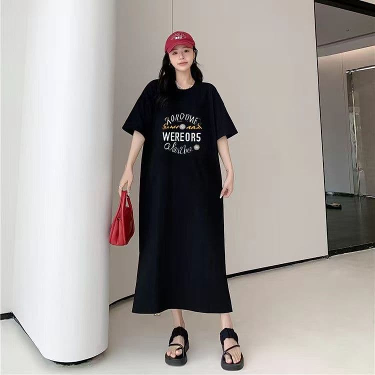 빅 사이즈 티셔츠 치마 트임 여름 지방 mm 드레스 가정 루즈핏 나이트 드레스 여성 국경 간 최적의 상세 이미지 1