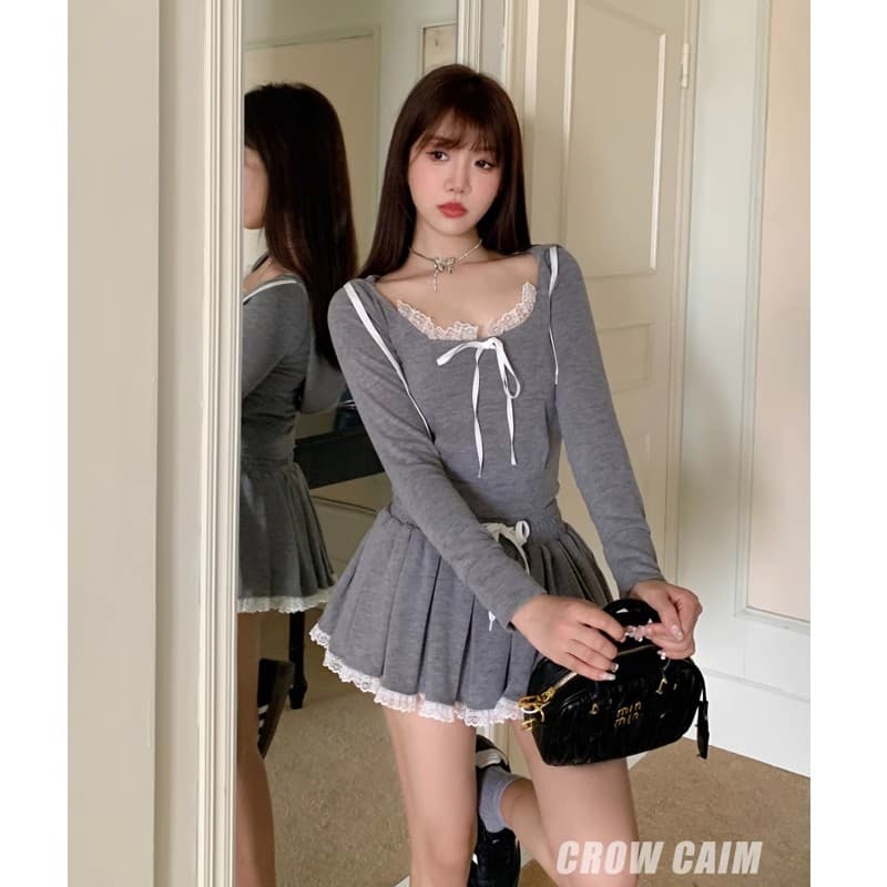 레이스 조각 회색 쇼트 스타일 티셔츠 후드 티 스웨터 핫걸 세트 여성 가을 한 마디 반신 스커트 캐주얼 투피스 세트 이미지 2