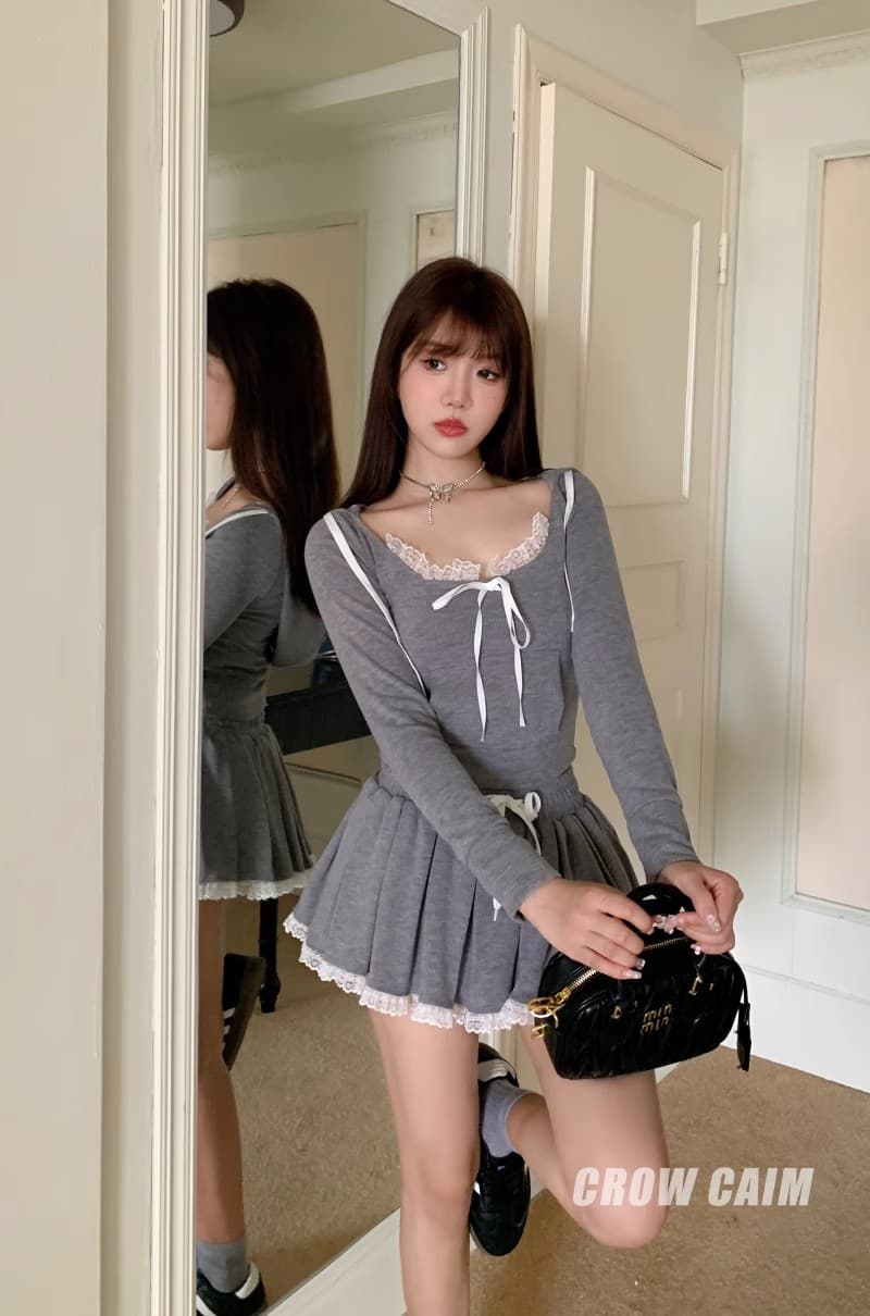 레이스 조각 회색 쇼트 스타일 티셔츠 후드 티 스웨터 핫걸 세트 여성 가을 한 마디 반신 스커트 캐주얼 투피스 세트 상세 이미지 7