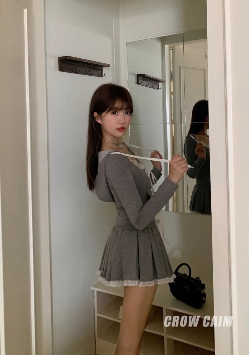 레이스 조각 회색 쇼트 스타일 티셔츠 후드 티 스웨터 핫걸 세트 여성 가을 한 마디 반신 스커트 캐주얼 투피스 세트 상세 이미지 8