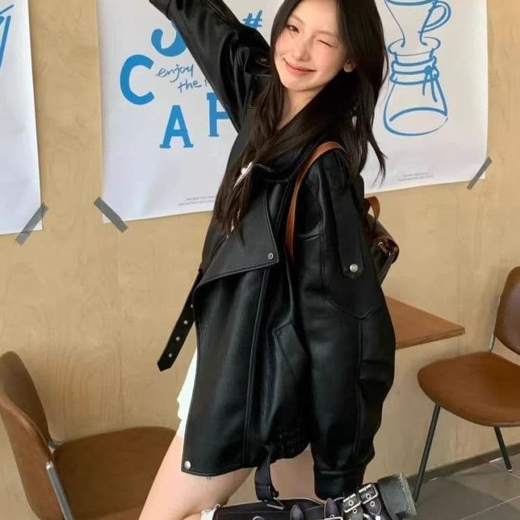 유럽 상품 레트로 고급 센스 가죽 재킷 여성 코트 2026 년 이른 가을 새로운 디자인 센스 pu 재킷 오토바이 서비스 맨위 이미지 2