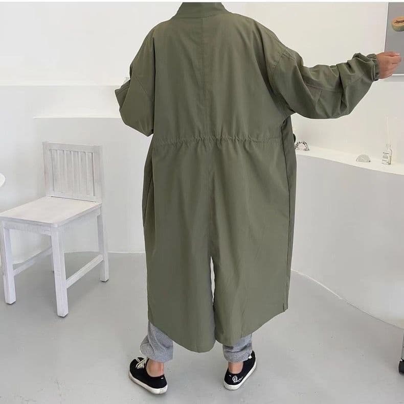 한국 chic 봄 가을 레트로 느긋한 바람 스탠드 칼라 싱글 줄 버튼 루즈핏 캐주얼 긴팔 중간 길이 바람막이 여성 코트 상세 이미지 3