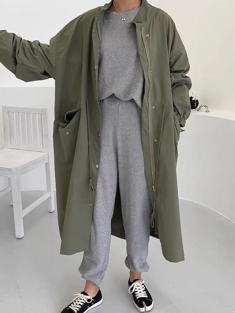 한국 chic 봄 가을 레트로 느긋한 바람 스탠드 칼라 싱글 줄 버튼 루즈핏 캐주얼 긴팔 중간 길이 바람막이 여성 코트 상세 이미지 7
