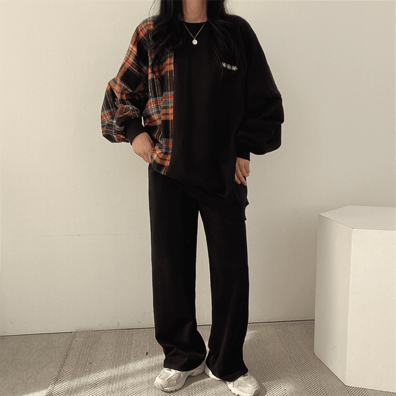 한국 chic 가을 연령 감소 레트로 작은 대중 디자인 센스 품격 라운드 넥 체크무늬 패치워크 루즈핏 긴팔 티셔츠 여성 상세 이미지 8