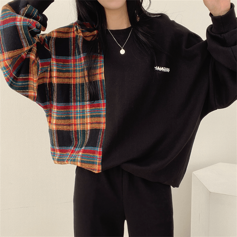 한국 chic 가을 연령 감소 레트로 작은 대중 디자인 센스 품격 라운드 넥 체크무늬 패치워크 루즈핏 긴팔 티셔츠 여성 상세 이미지 11