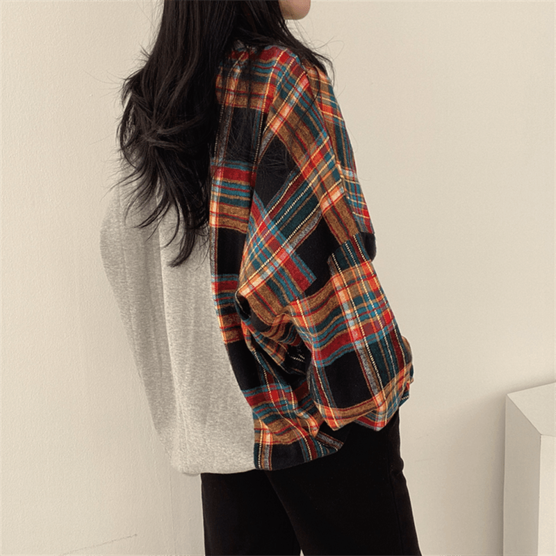 한국 chic 가을 연령 감소 레트로 작은 대중 디자인 센스 품격 라운드 넥 체크무늬 패치워크 루즈핏 긴팔 티셔츠 여성 상세 이미지 14