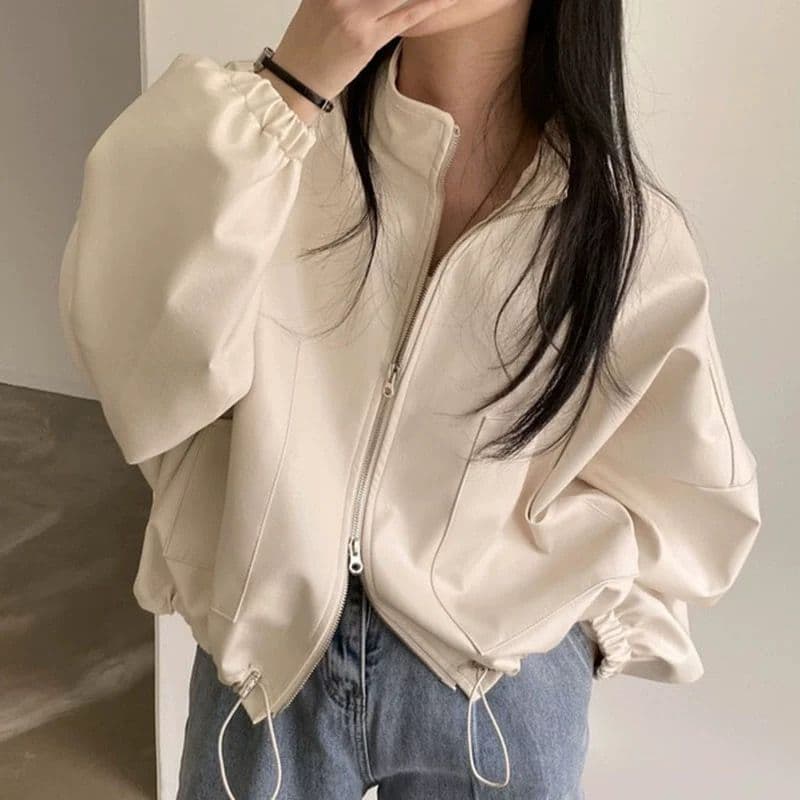 2026 한국 chic 작은 대중 잘 생긴 스탠드 칼라 지퍼 빅 포켓 디자인 펌프 로프 레이스업 오토바이 가죽 재킷 여성 코트 상세 이미지 2