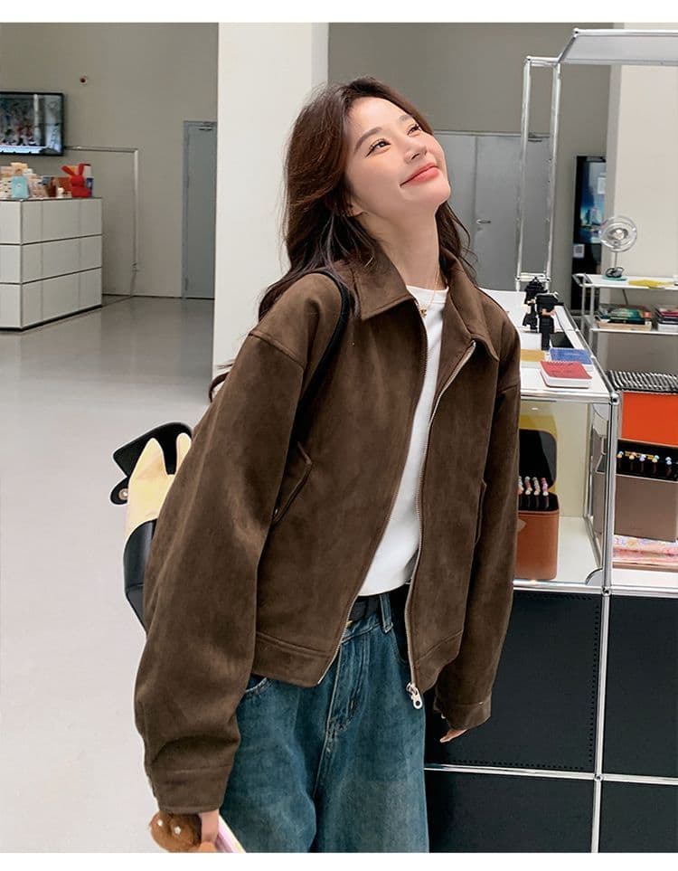 가을 새로운 브라운 아름다움 라드. 사슴 캐시미어 재킷 여성 짧은 아메리칸 작은 키 레트로 오토바이 재킷 맨위 상세 이미지 7