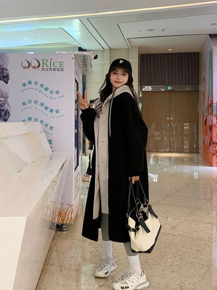 한국 chic2027 가을 겨울 새로운 롱 코트 후드 치마 재킷 양털 플리스 다용도 루즈핏 패션 재킷 ins 상세 이미지 2