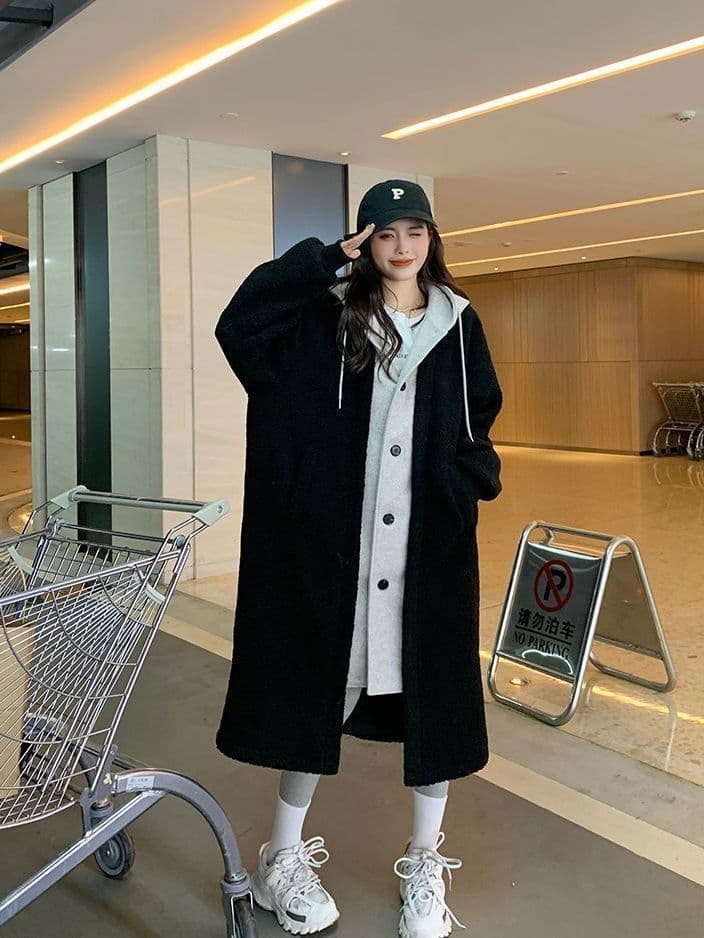 한국 chic2027 가을 겨울 새로운 롱 코트 후드 치마 재킷 양털 플리스 다용도 루즈핏 패션 재킷 ins 상세 이미지 3