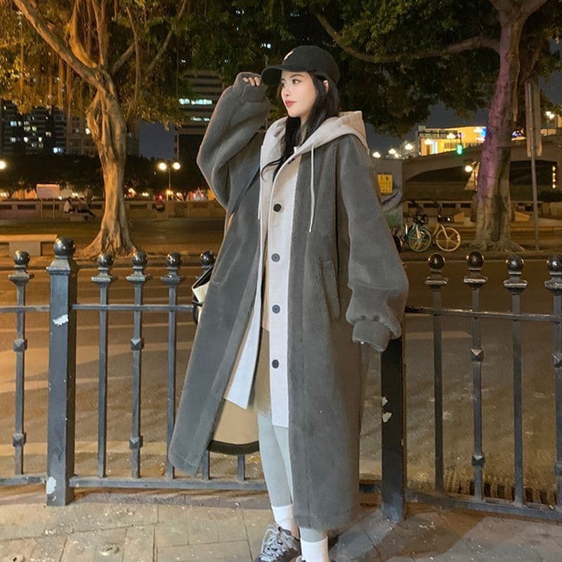 한국 chic2027 가을 겨울 새로운 롱 코트 후드 치마 재킷 양털 플리스 다용도 루즈핏 패션 재킷 ins 상세 이미지 15