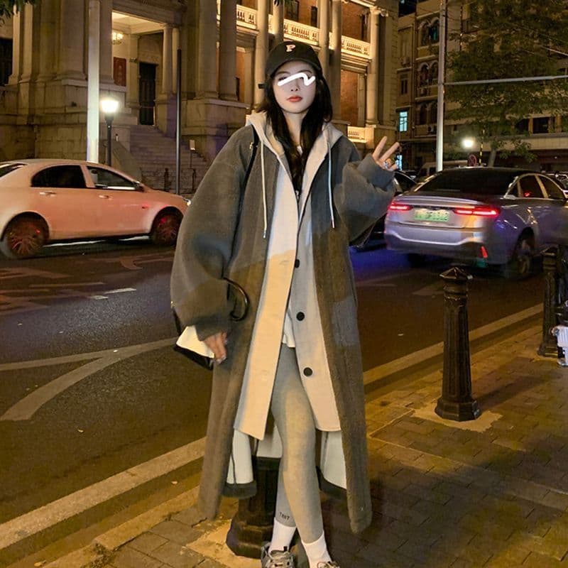 한국 chic2027 가을 겨울 새로운 롱 코트 후드 치마 재킷 양털 플리스 다용도 루즈핏 패션 재킷 ins 상세 이미지 16