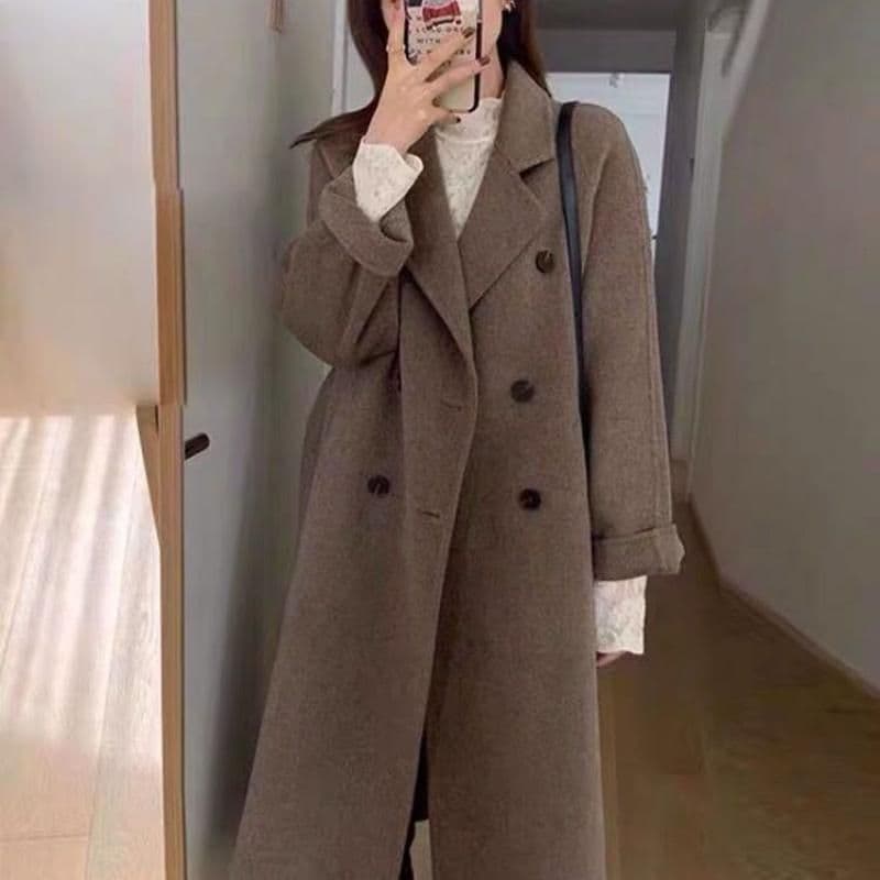 350 용과 봉황 뭐라구? 2026 가을 겨울 새로운 클래식 이중 버튼 모직 외투 중간 길이 모직 코트 여성