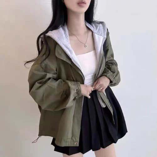 한국 chic 가을 디자인 센스 단색 캐주얼 페이크 레이어드 후드 지퍼 벌룬 소매 루즈핏 바람막이 여성 코트 이미지 3