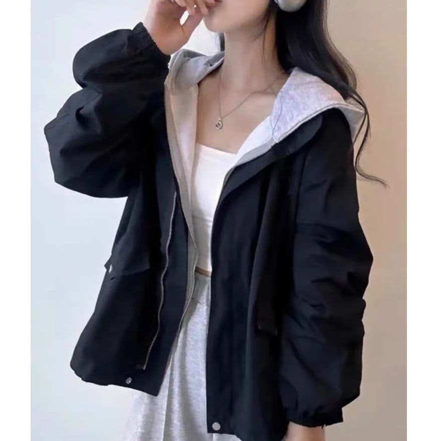 한국 chic 가을 디자인 센스 단색 캐주얼 페이크 레이어드 후드 지퍼 벌룬 소매 루즈핏 바람막이 여성 코트 이미지 4