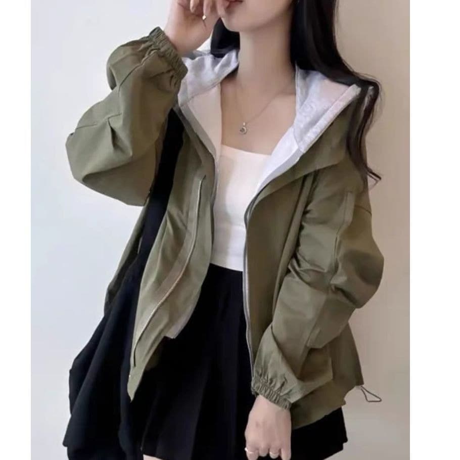 한국 chic 가을 디자인 센스 단색 캐주얼 페이크 레이어드 후드 지퍼 벌룬 소매 루즈핏 바람막이 여성 코트 이미지 5