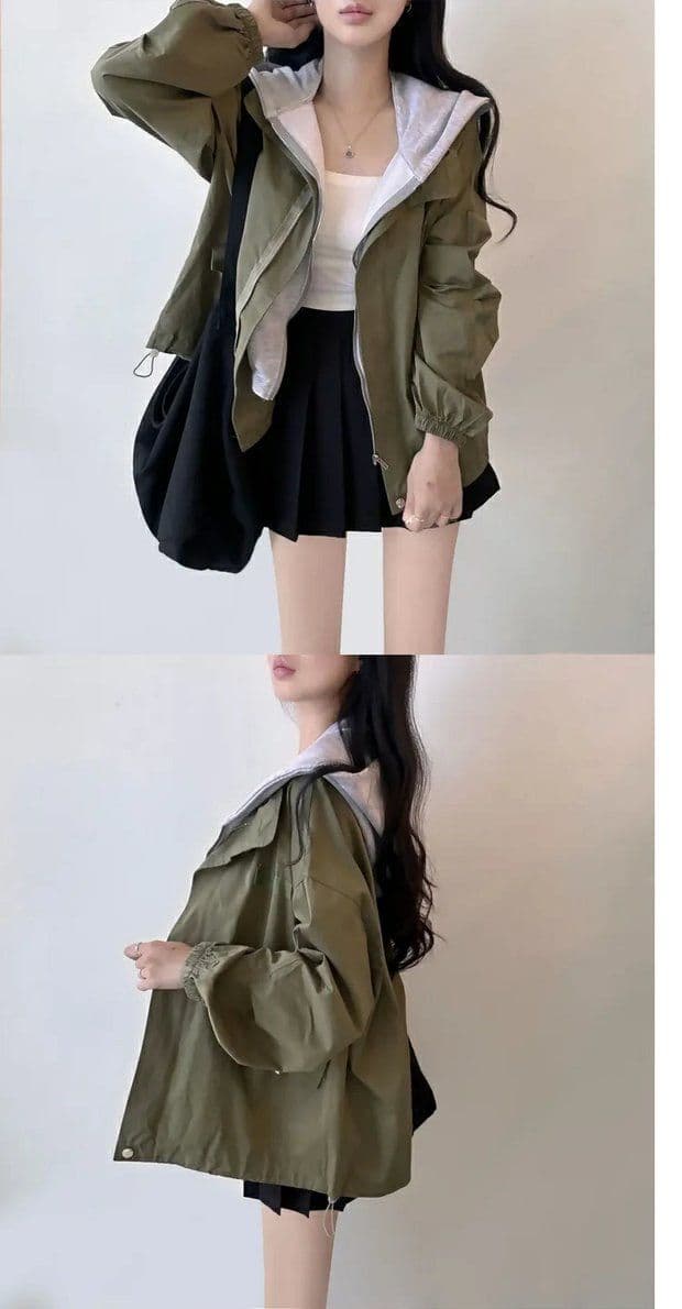 한국 chic 가을 디자인 센스 단색 캐주얼 페이크 레이어드 후드 지퍼 벌룬 소매 루즈핏 바람막이 여성 코트 상세 이미지 2