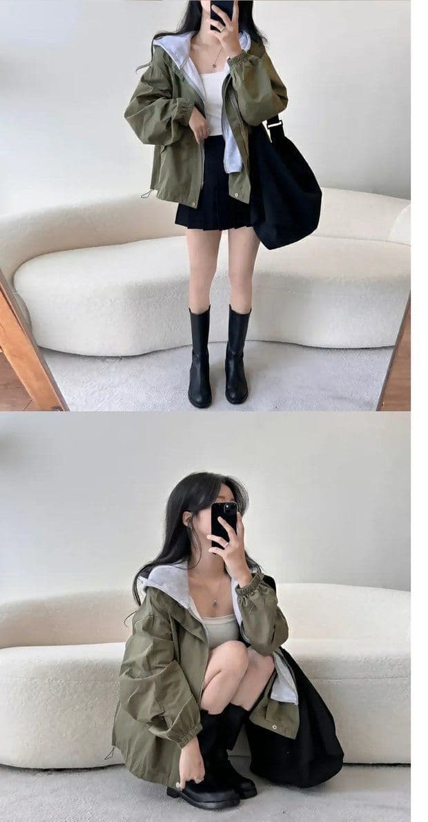 한국 chic 가을 디자인 센스 단색 캐주얼 페이크 레이어드 후드 지퍼 벌룬 소매 루즈핏 바람막이 여성 코트 상세 이미지 3