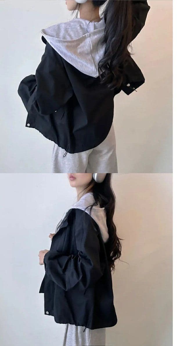 한국 chic 가을 디자인 센스 단색 캐주얼 페이크 레이어드 후드 지퍼 벌룬 소매 루즈핏 바람막이 여성 코트 상세 이미지 4