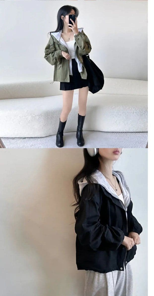 한국 chic 가을 디자인 센스 단색 캐주얼 페이크 레이어드 후드 지퍼 벌룬 소매 루즈핏 바람막이 여성 코트 상세 이미지 5
