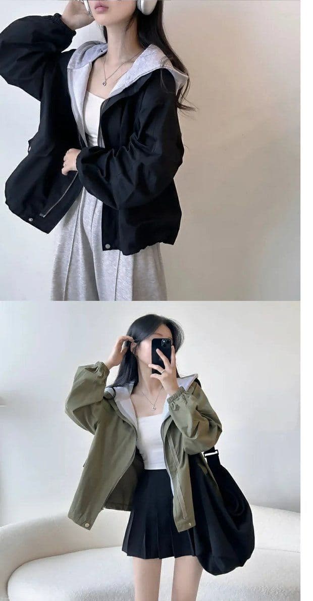 한국 chic 가을 디자인 센스 단색 캐주얼 페이크 레이어드 후드 지퍼 벌룬 소매 루즈핏 바람막이 여성 코트 상세 이미지 6