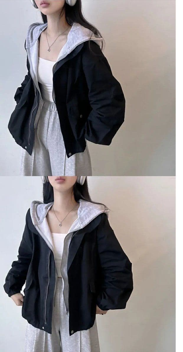 한국 chic 가을 디자인 센스 단색 캐주얼 페이크 레이어드 후드 지퍼 벌룬 소매 루즈핏 바람막이 여성 코트 상세 이미지 7