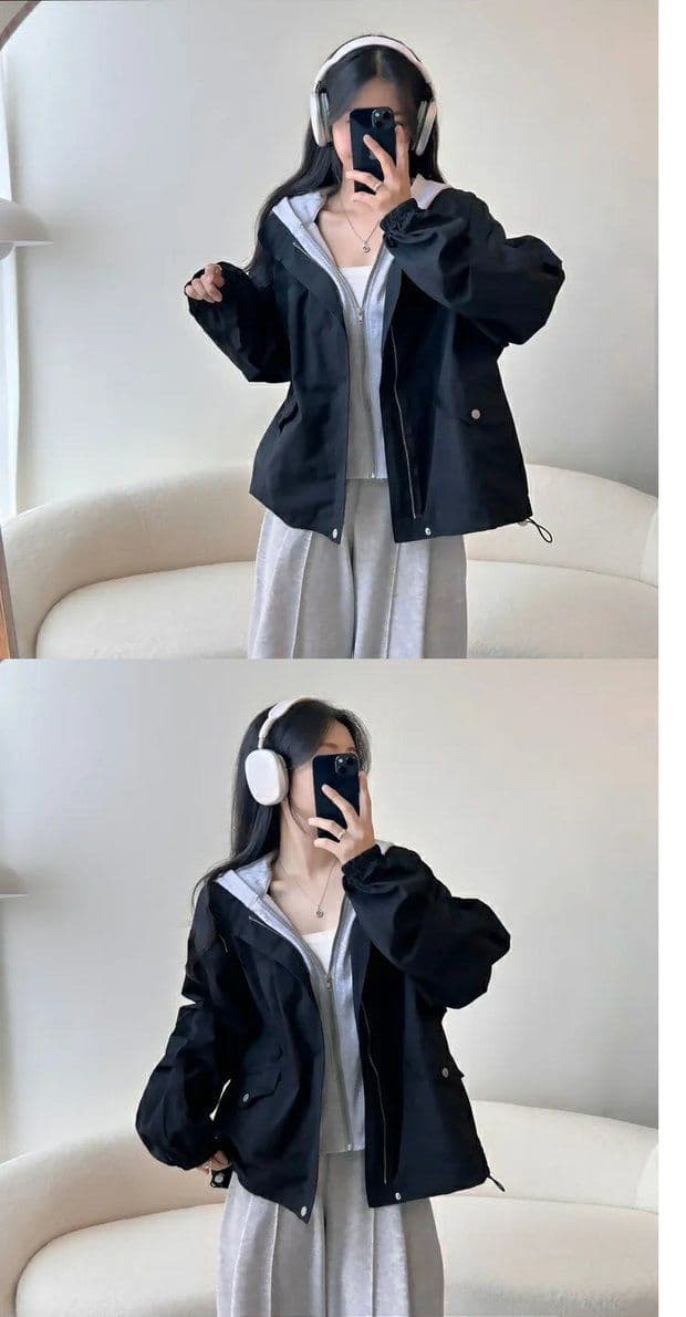 한국 chic 가을 디자인 센스 단색 캐주얼 페이크 레이어드 후드 지퍼 벌룬 소매 루즈핏 바람막이 여성 코트 상세 이미지 8