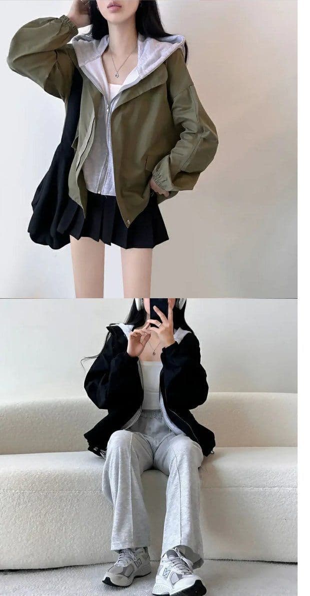 한국 chic 가을 디자인 센스 단색 캐주얼 페이크 레이어드 후드 지퍼 벌룬 소매 루즈핏 바람막이 여성 코트 상세 이미지 9
