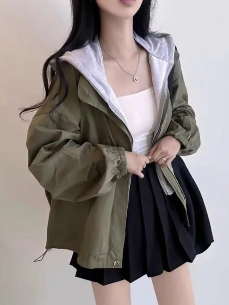 한국 chic 가을 디자인 센스 단색 캐주얼 페이크 레이어드 후드 지퍼 벌룬 소매 루즈핏 바람막이 여성 코트 상세 이미지 10