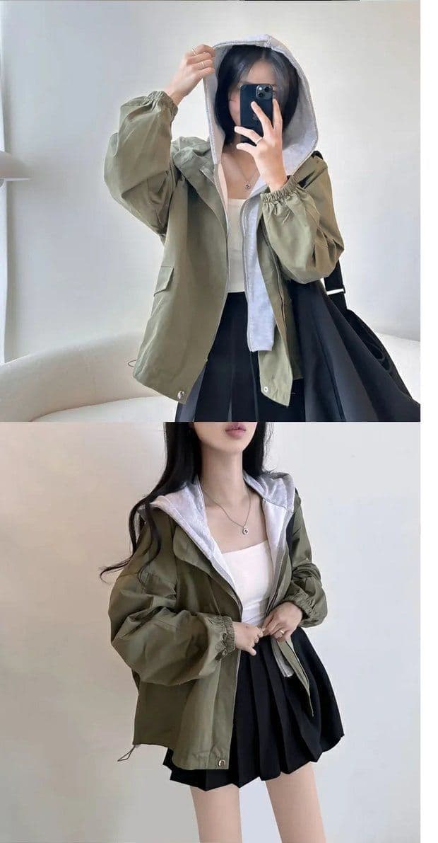 한국 chic 가을 디자인 센스 단색 캐주얼 페이크 레이어드 후드 지퍼 벌룬 소매 루즈핏 바람막이 여성 코트 상세 이미지 11