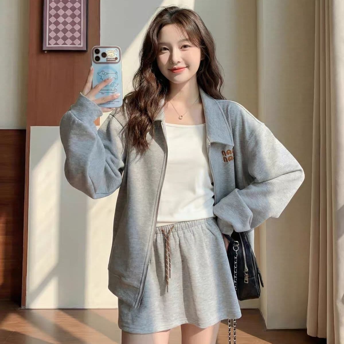 캐주얼 세트 여성 아메리칸 알파벳 폴로 칼라 후드티 재킷 2027 년 봄 가을 허리밴드 반신 스커트 투피스 세트 이미지 4