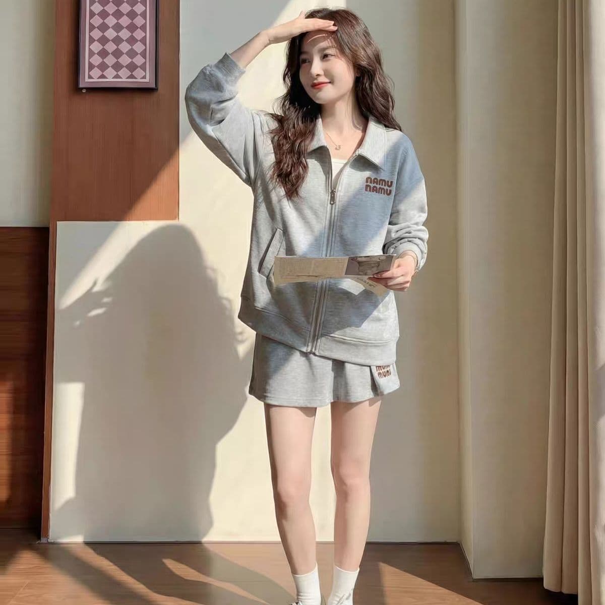 캐주얼 세트 여성 아메리칸 알파벳 폴로 칼라 후드티 재킷 2027 년 봄 가을 허리밴드 반신 스커트 투피스 세트 이미지 3